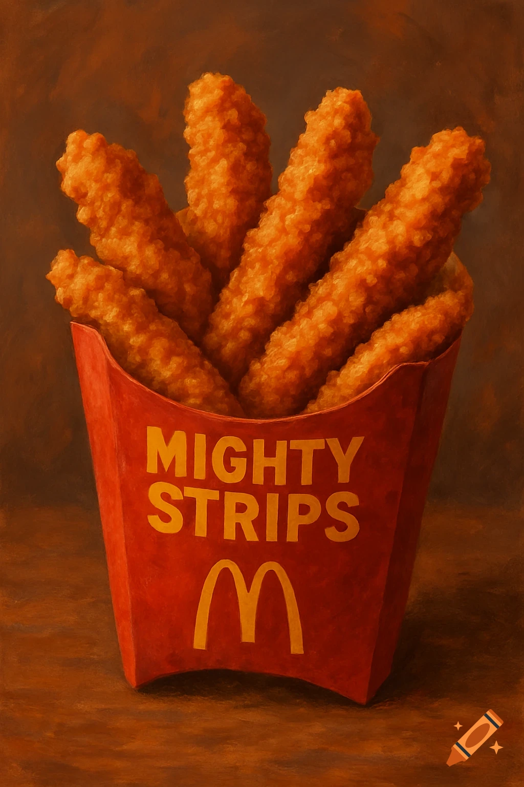 A red McDonald's box labeled 'MIGHTY STRIPS' filled with chicken strips, in a painterly style.