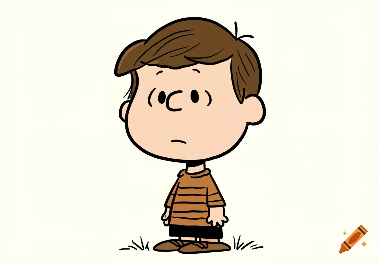 A cartoon character in the style of Charlie Brown stands facing forward.
