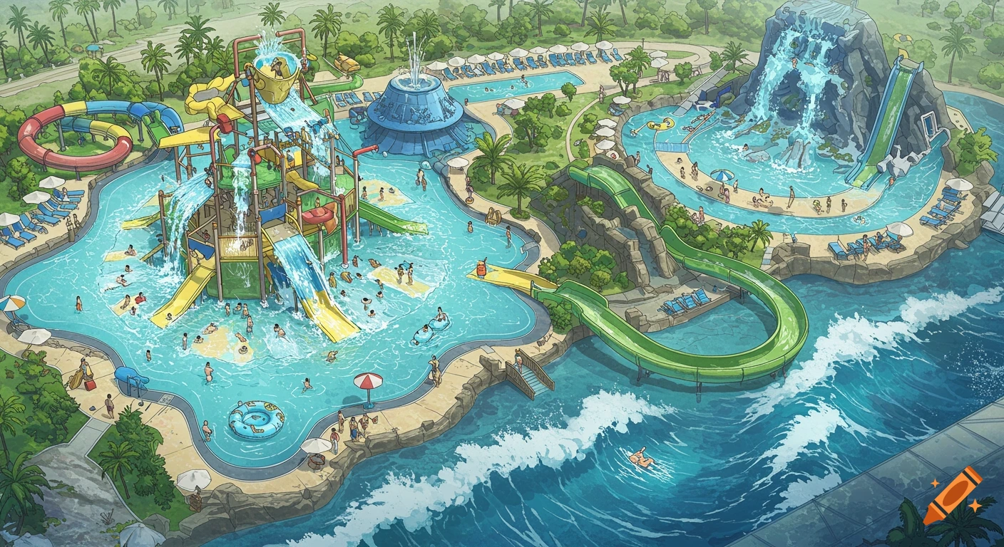 Detailed illustration of a bustling water park with slides, pools, and people swimming and playing.