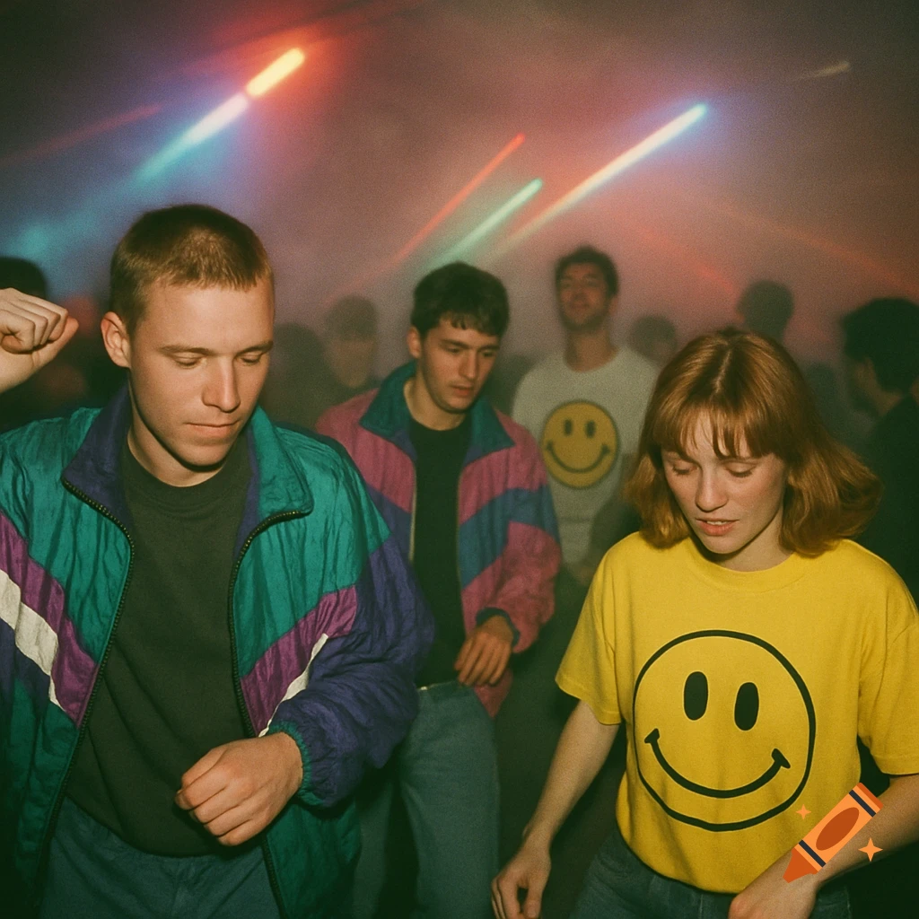 People dancing at a smoky 1990s rave with smiley face shirts, grainy photo.