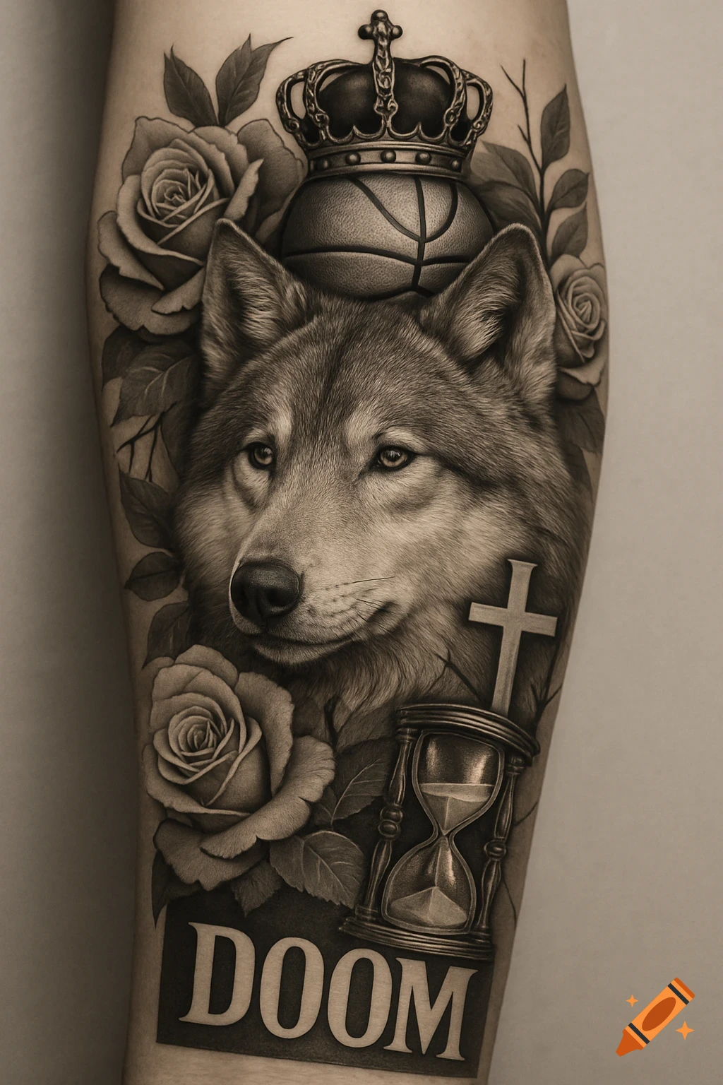 Detailed black and white forearm tattoo featuring a wolf, roses, crowned basketball, cross, hourglass, and text 'DOOM'.