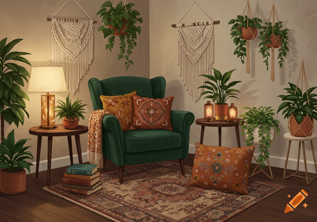 Bohemian style living room corner with green armchair, plants, macrame wall hangings, and books. Illustration.