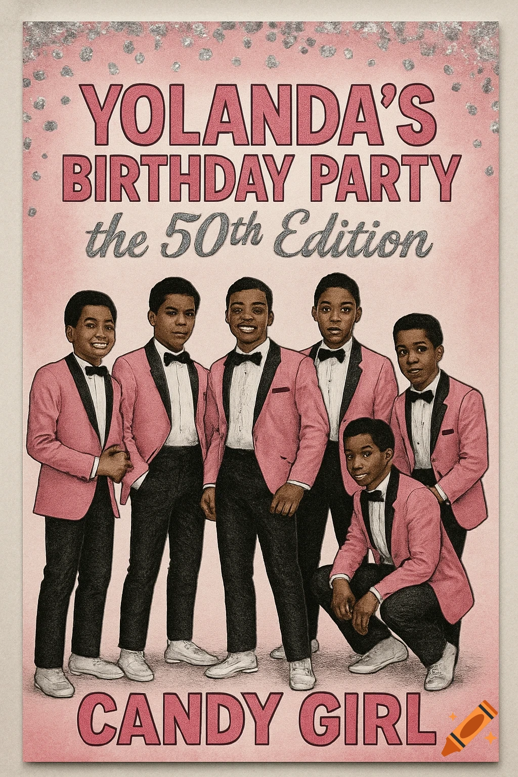 Birthday invitation with title 'Yolanda's Birthday Party' above a group of young males in pink jackets and text 'Candy Girl'.