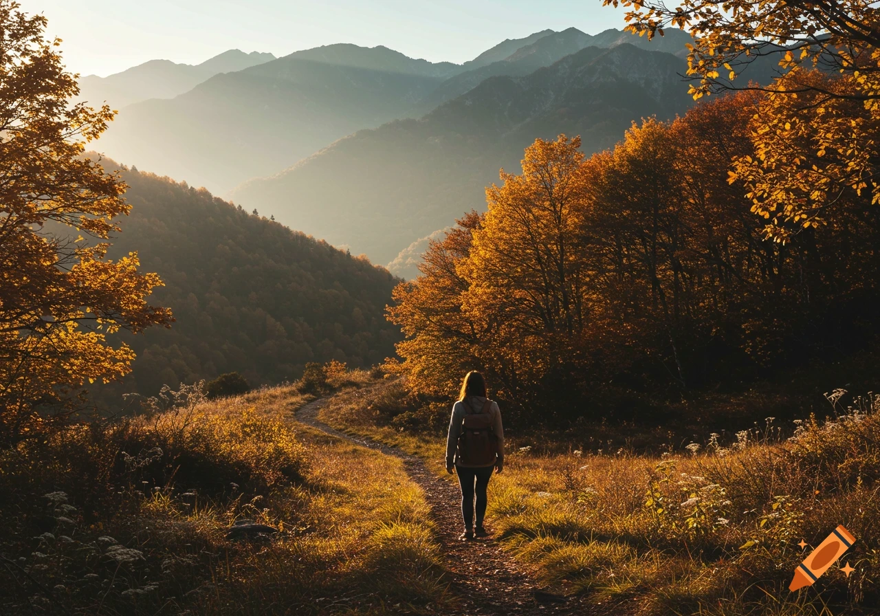 Person walks on a path through an autumn mountain landscape on Craiyon
