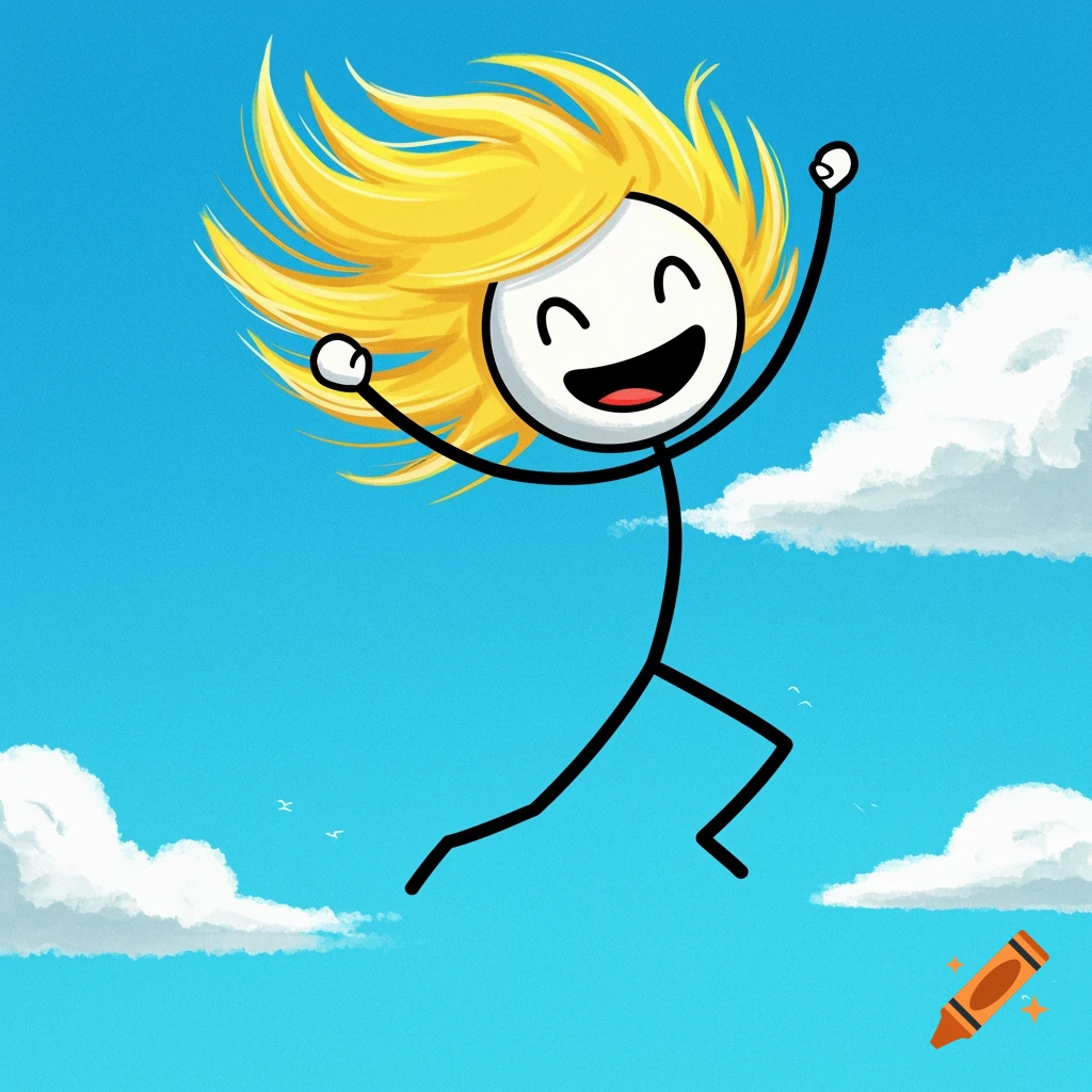 A cartoon stick figure with spiky blond hair jumps joyfully in a bright blue sky with clouds.