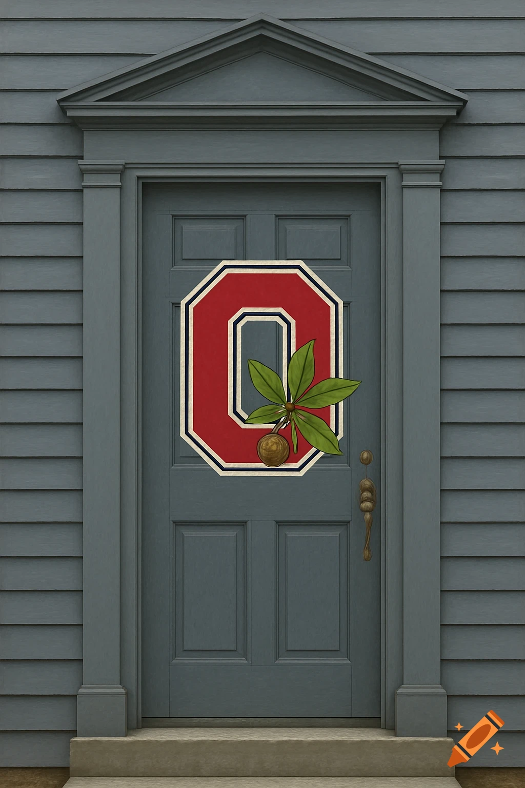 A grey door on a grey-blue house features a large red block O symbol decorated with buckeye leaves and a buckeye.