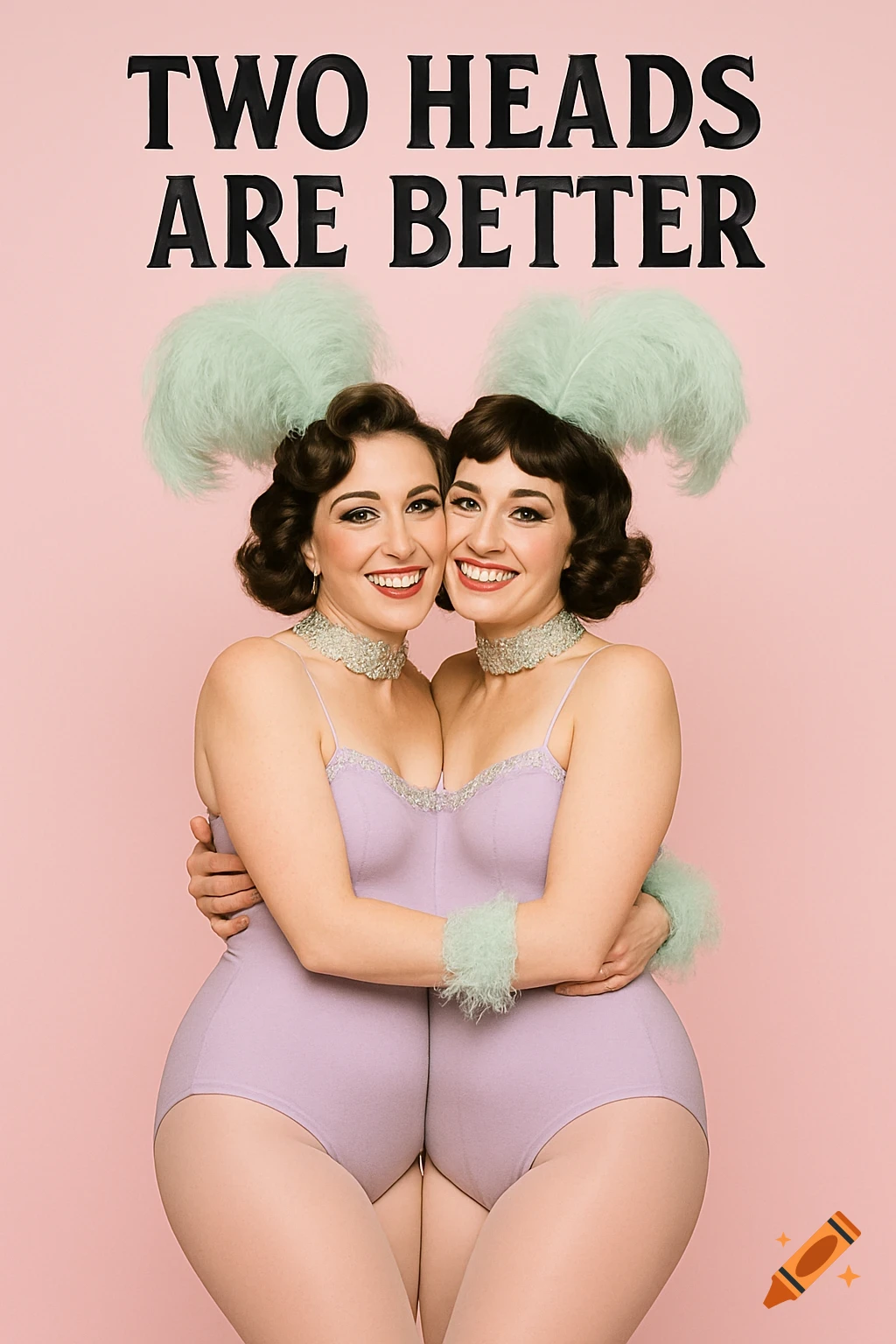 Two women in purple leotard hug to create a two-headed illusion, text 'TWO HEADS ARE BETTER'.