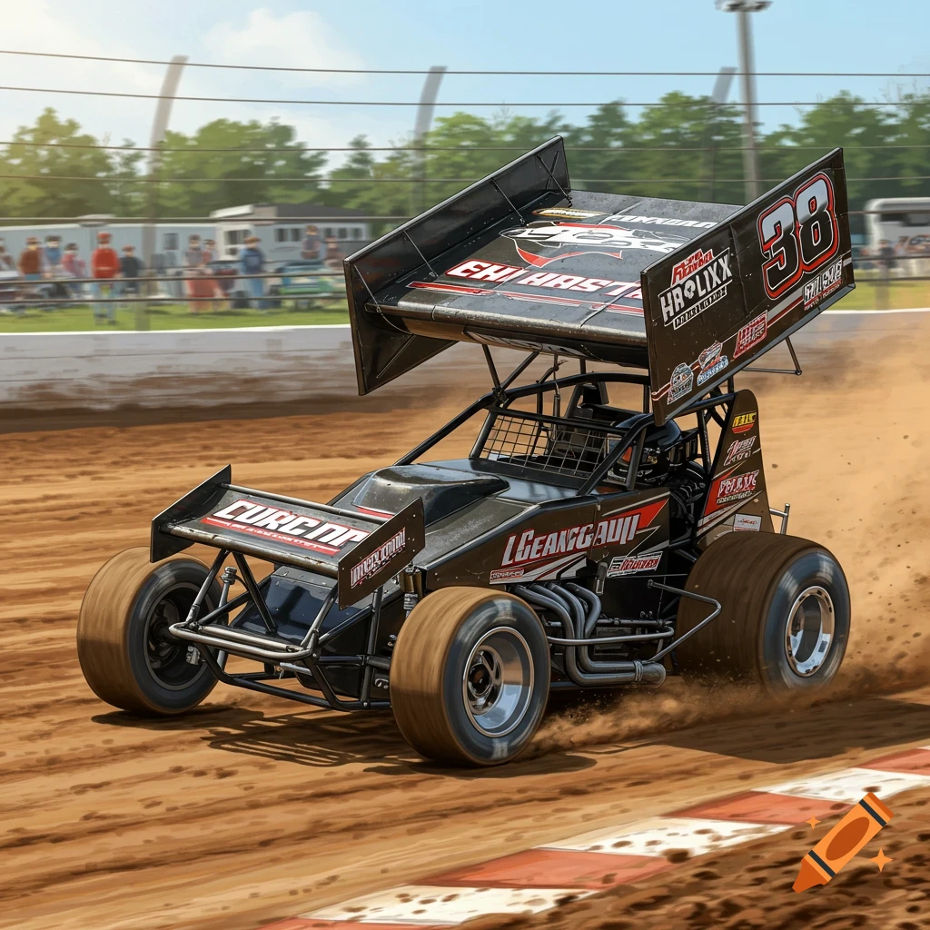 A black sprint car with the number 38 races on a dirt track.
