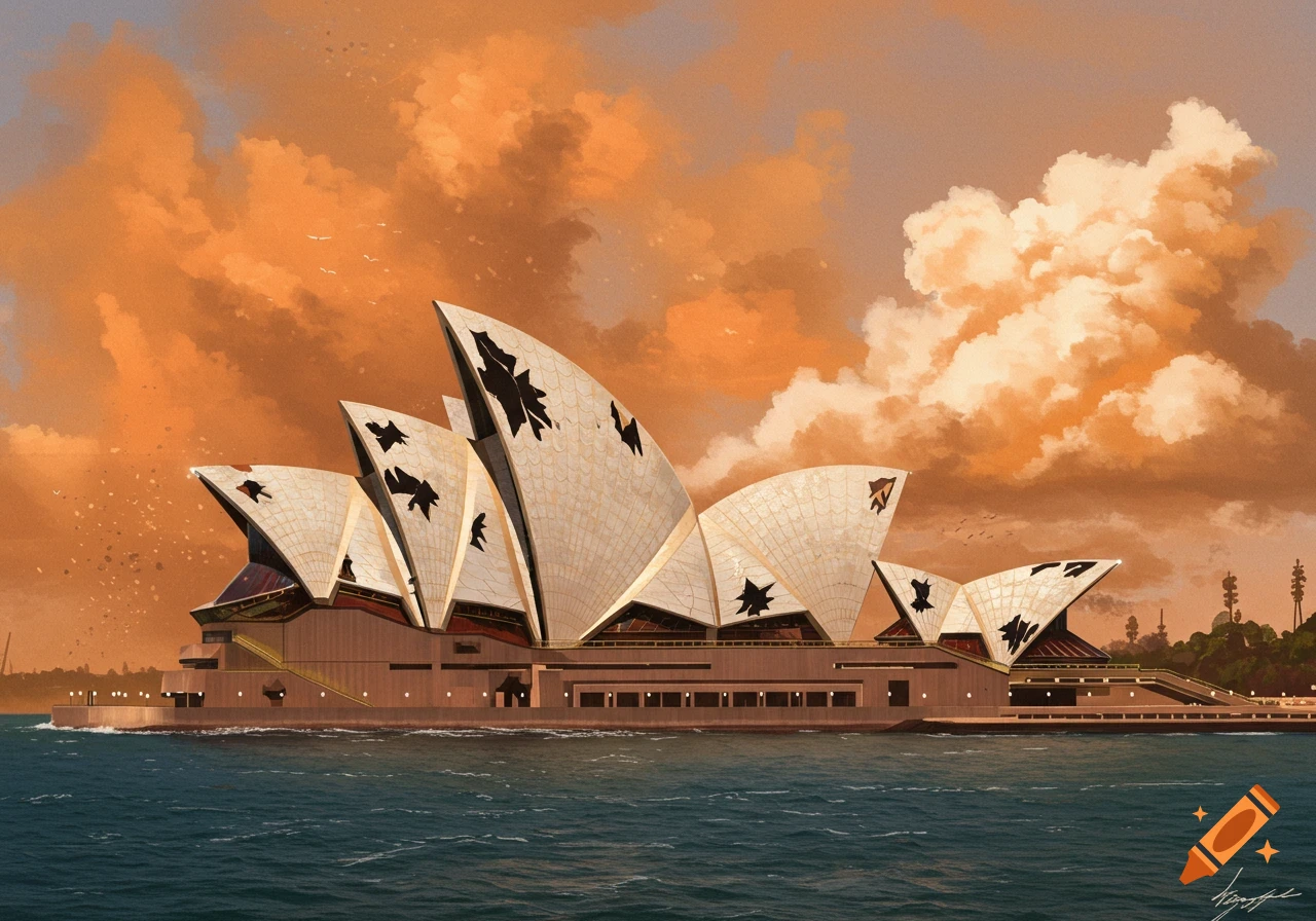 Sydney Opera House damaged and abandoned under an orange apocalyptic sky