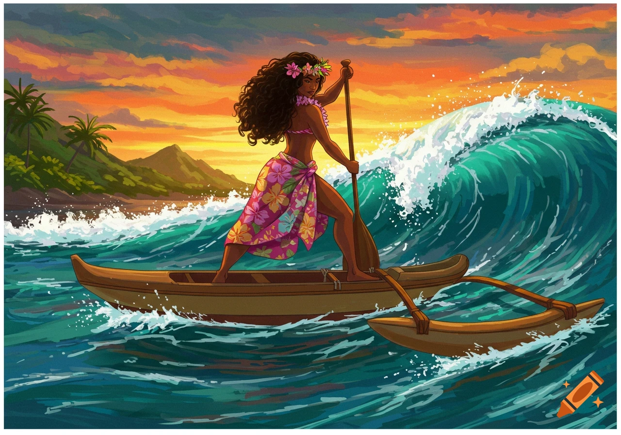 Illustration of a Polynesian woman paddling a canoe while riding a wave near a tropical island.