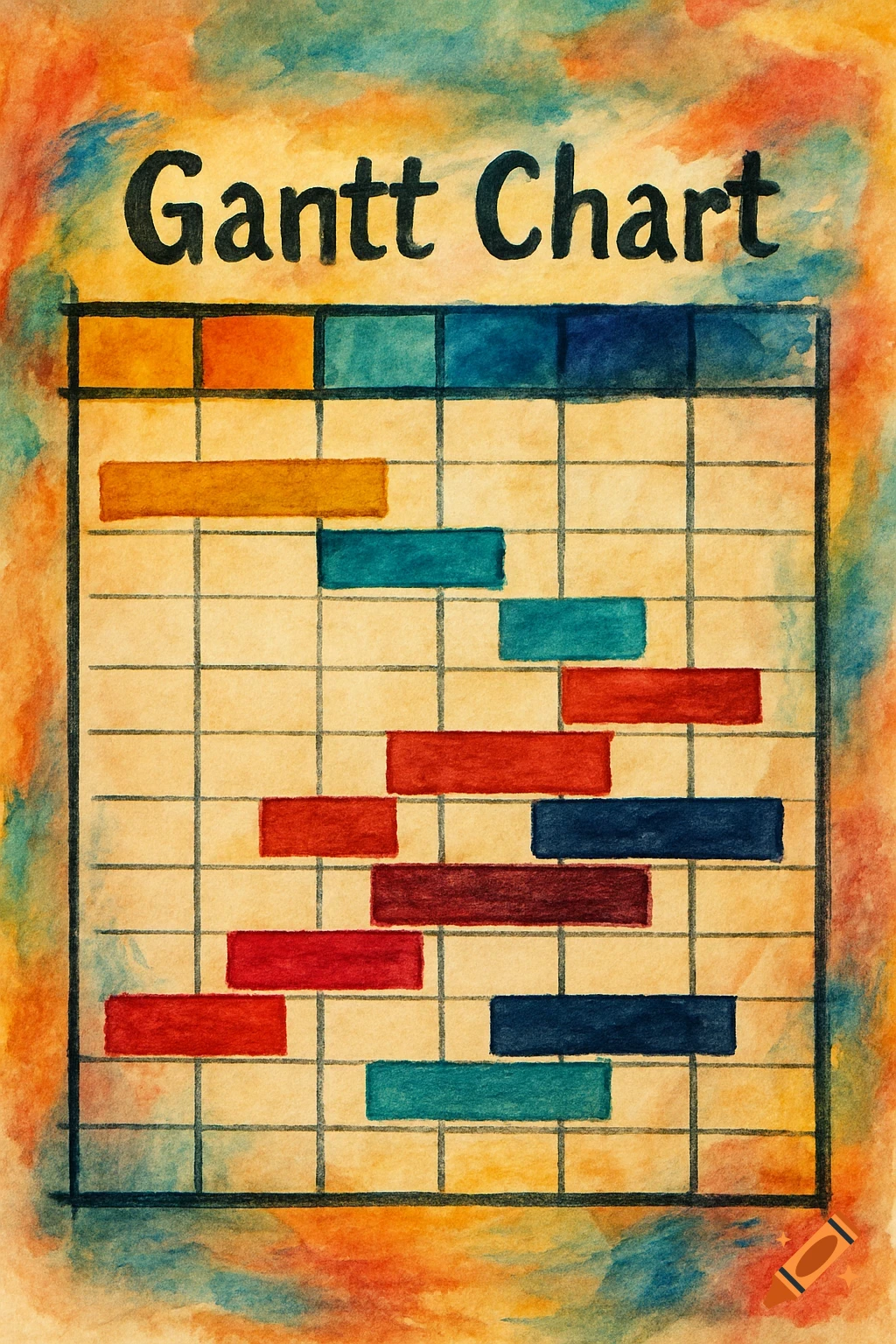 Watercolor style Gantt chart with colorful bars