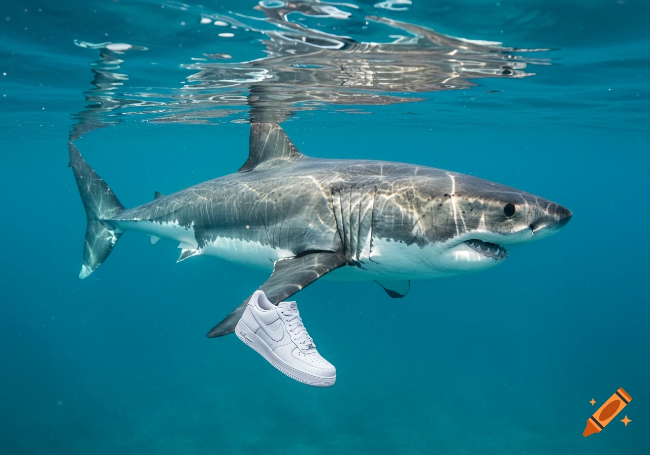 A great white shark swims underwater with a white sneaker floating nearby.