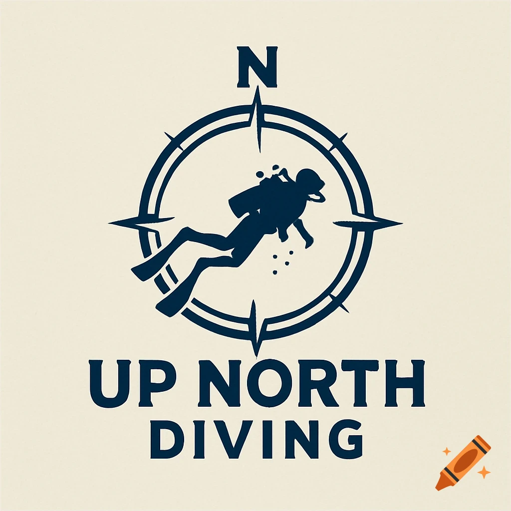 Logo of a diver inside a compass with the text Up North Diving