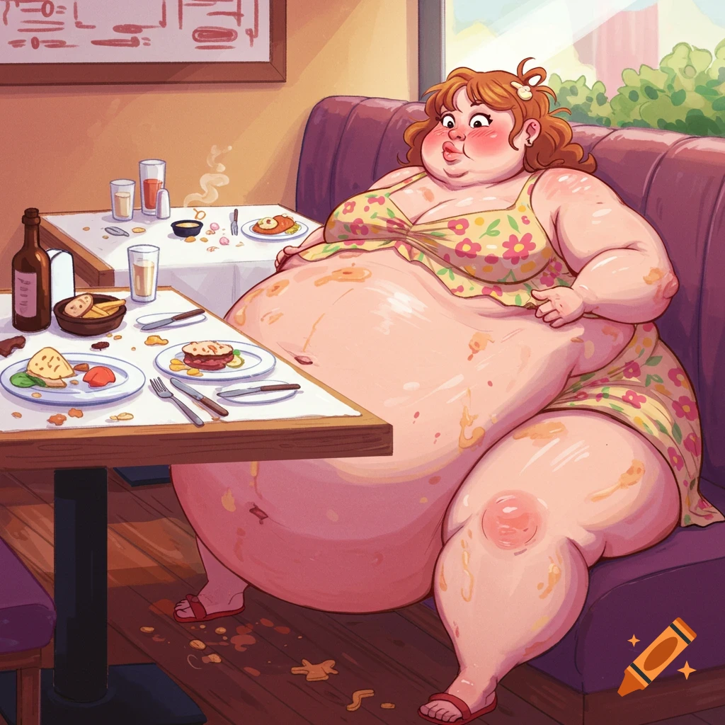 Illustration of a morbidly obese woman sitting at a restaurant table with her large belly resting on the table, surrounded by messy food.
