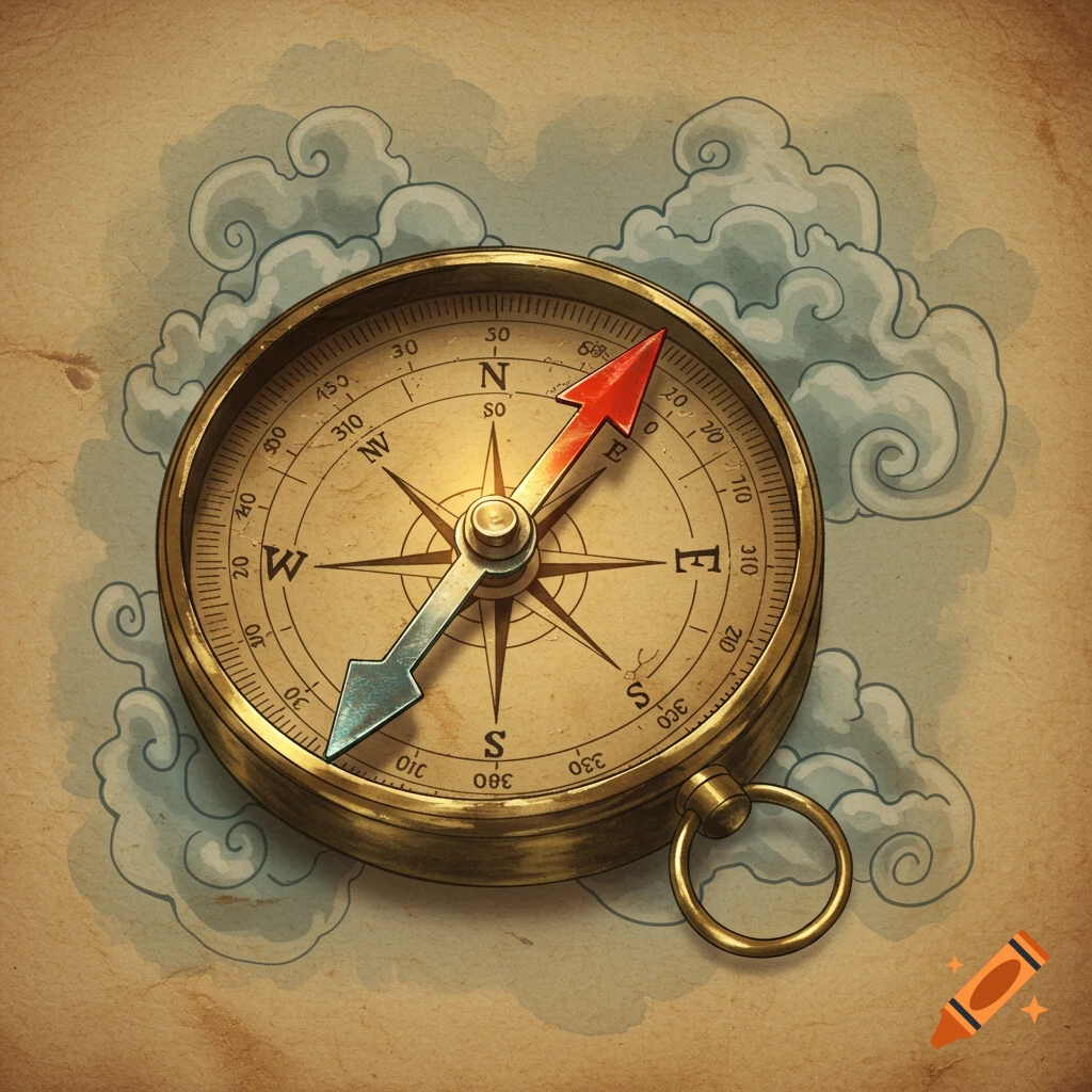 Vintage compass on a paper background with illustrated clouds.