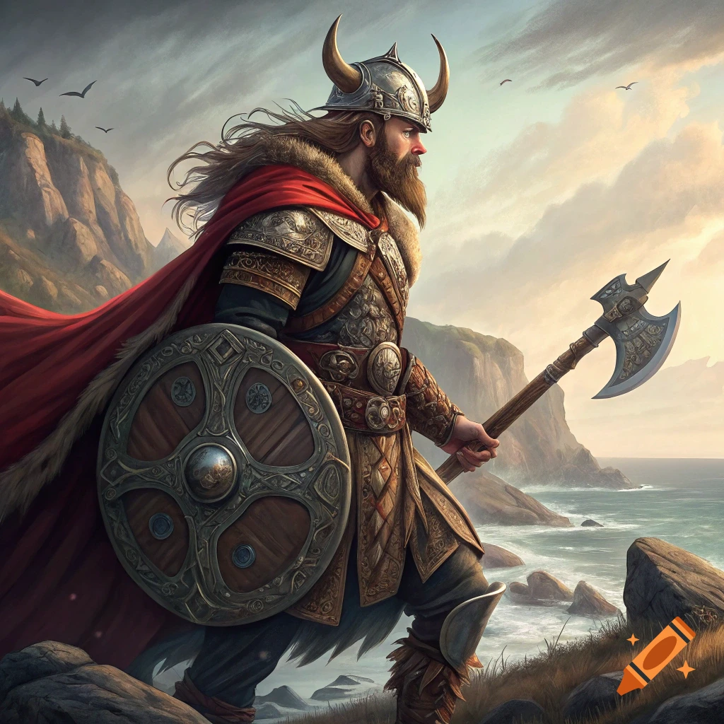 A Viking warrior in armor with an axe and shield stands on a rocky coast.
