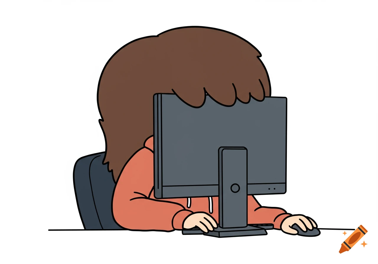 A cartoon person sits at a desk hidden behind a computer monitor.