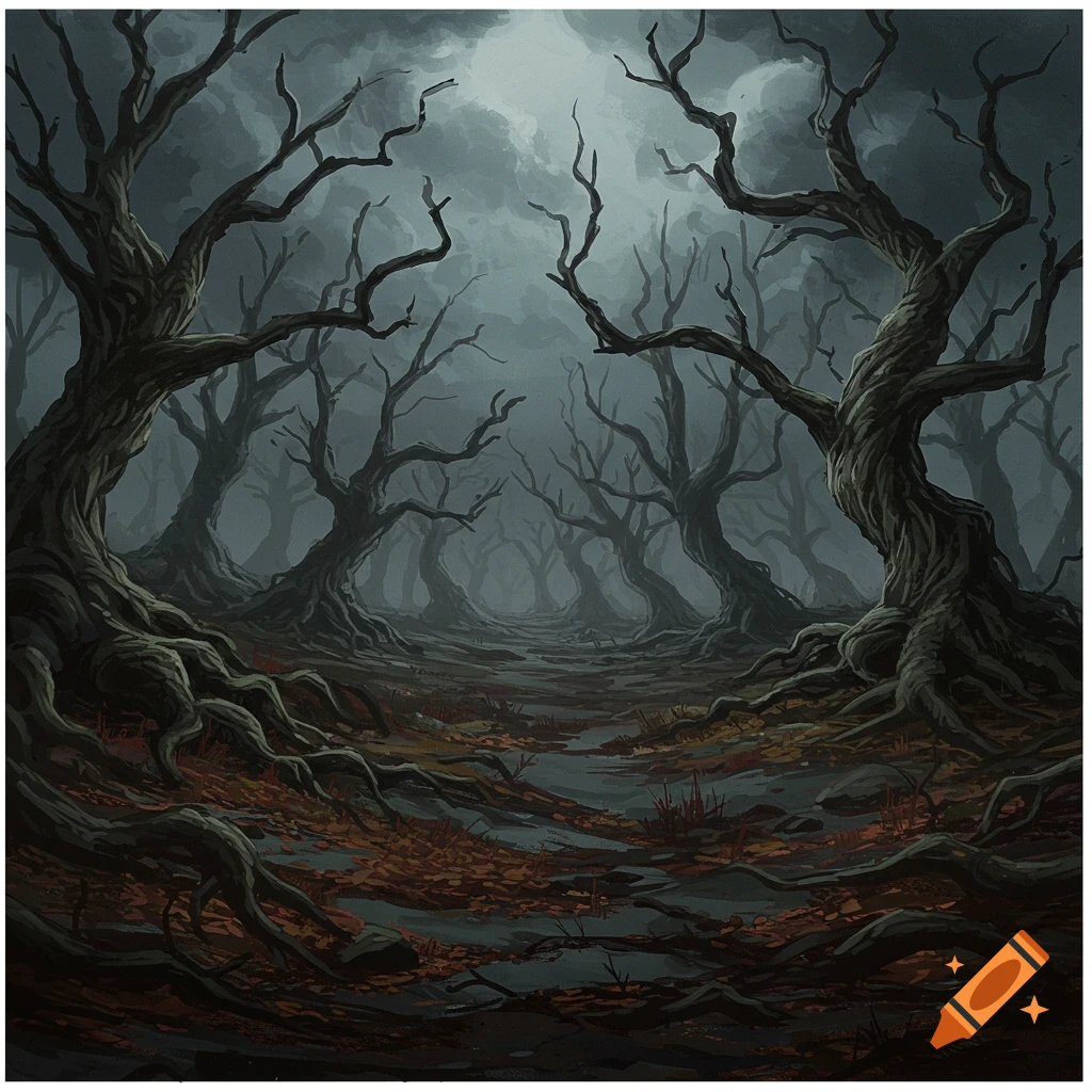 A dark, painterly image of a path winding through a forest of twisted, bare trees under a cloudy sky.
