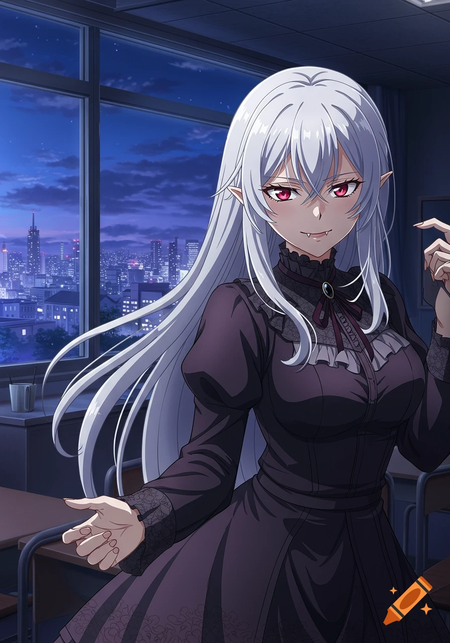Anime vampire girl with white hair, red eyes, and fangs, wearing a dark dress in a classroom overlooking a city at night.