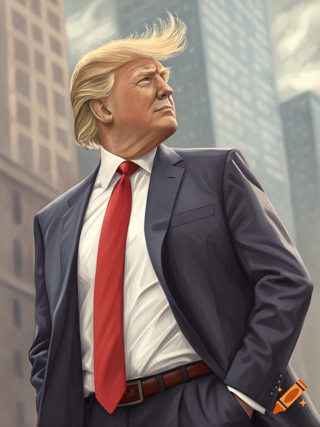 Stylized portrait painting of Donald Trump in a suit and red tie before a city skyline.