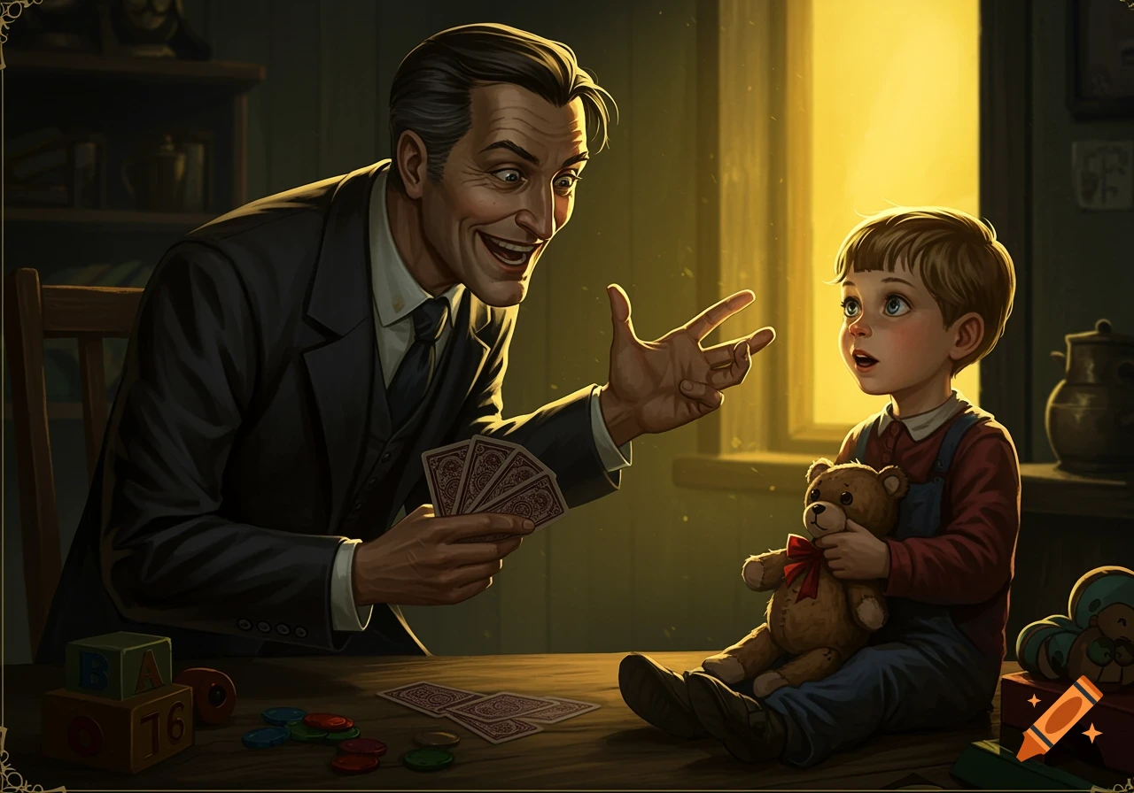 Illustration of a man showing playing cards to a surprised boy with a teddy bear.