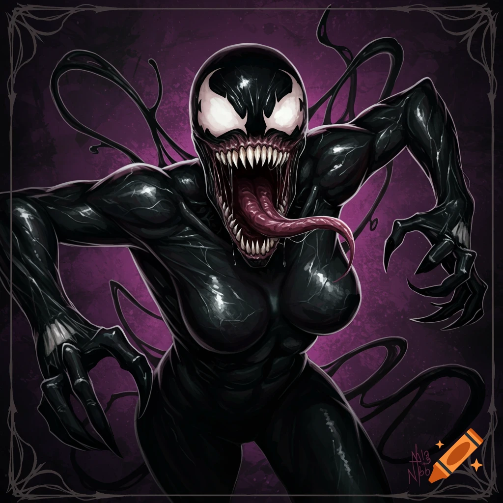 Female Venom-like symbiote character with sharp teeth and tongue