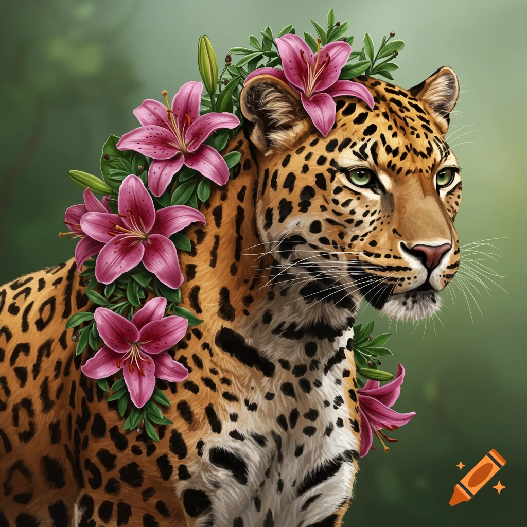 An illustration of a leopard adorned with vibrant pink lilies and green leaves.