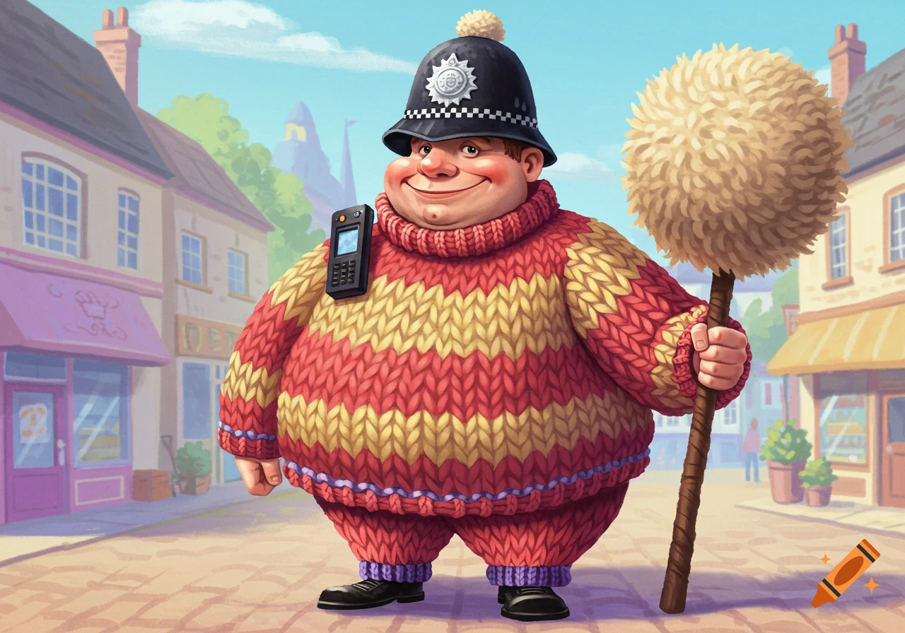 A smiling cartoon policeman in a huge red and yellow knitted uniform and helmet, holding a fluffy staff in a street.