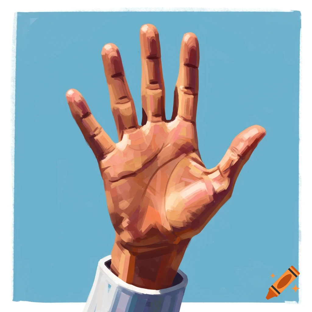 A stylized painting of a hand waving against a blue background.
