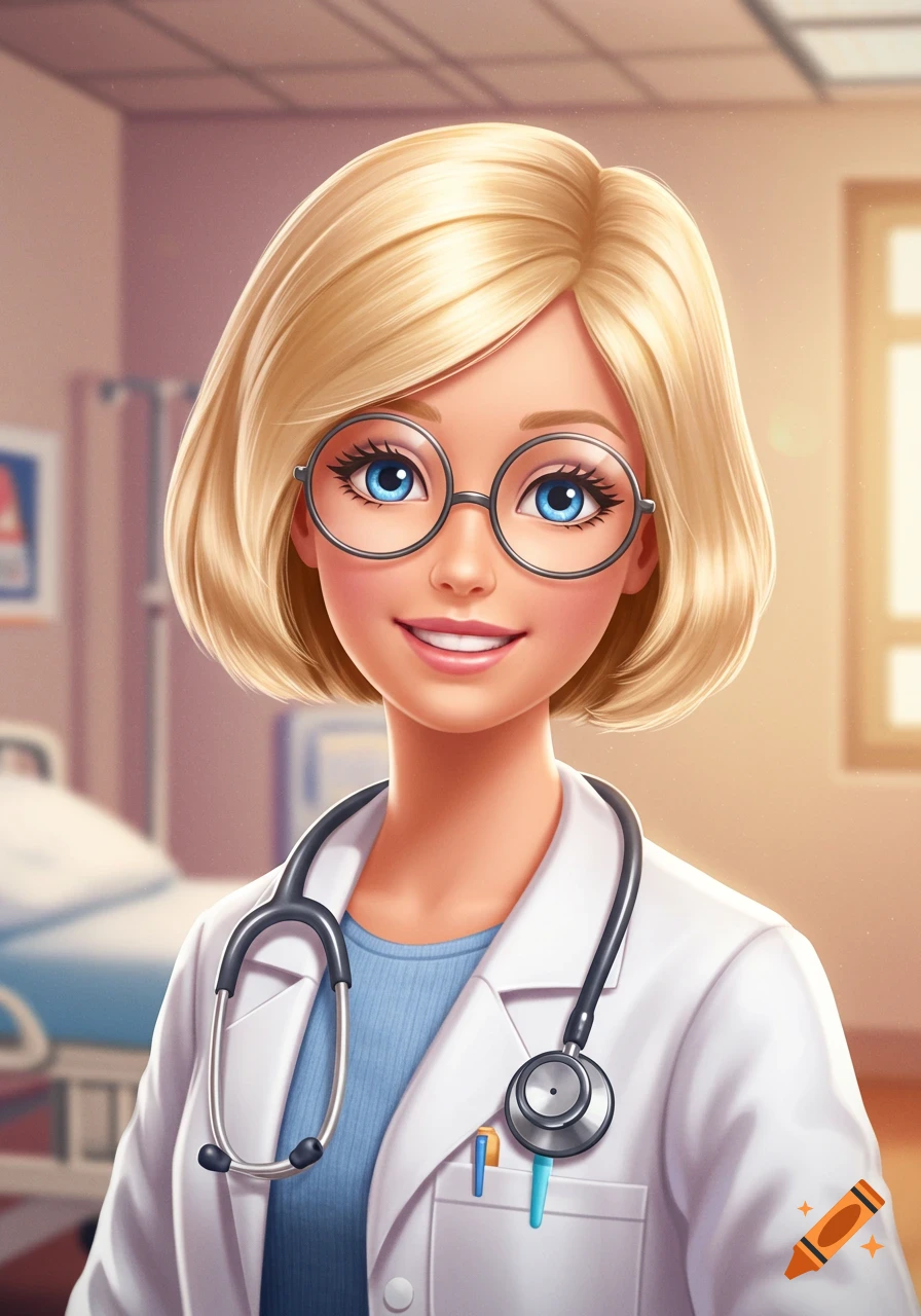 Illustration of a blonde character with glasses wearing a doctor's lab coat and stethoscope in a hospital room