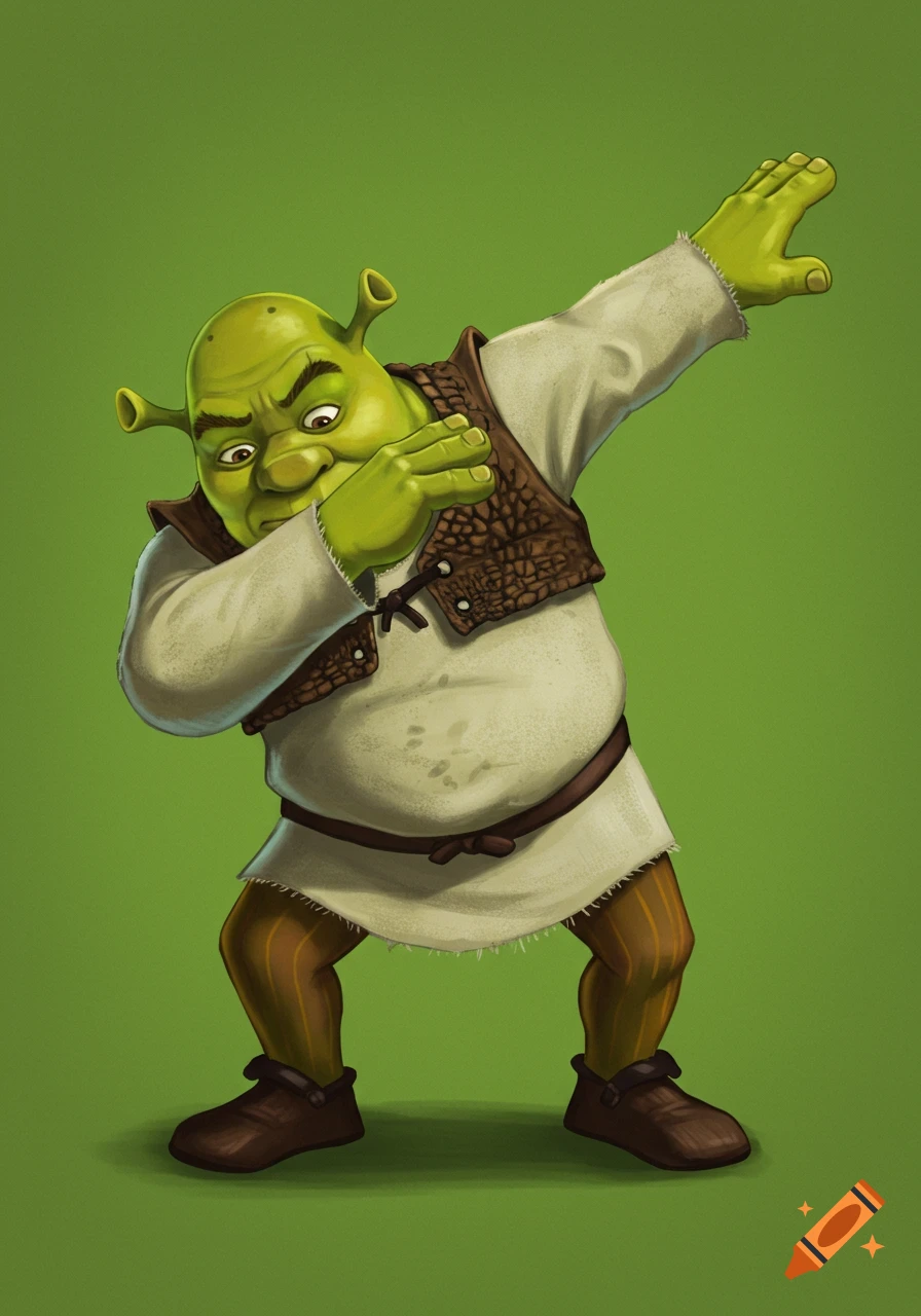 Shrek the ogre dabbing against a green background.