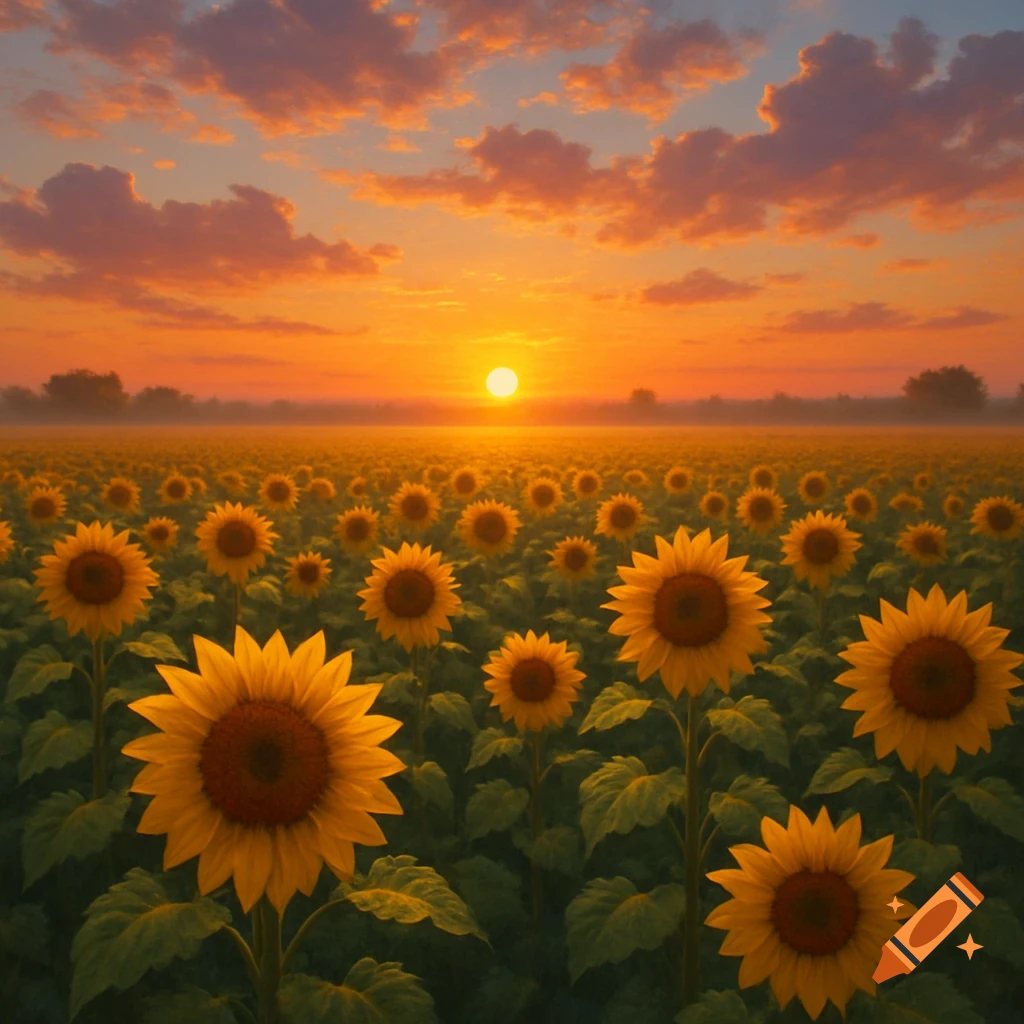 A field of sunflowers stretches toward the horizon under a dramatic orange and yellow sunset sky.