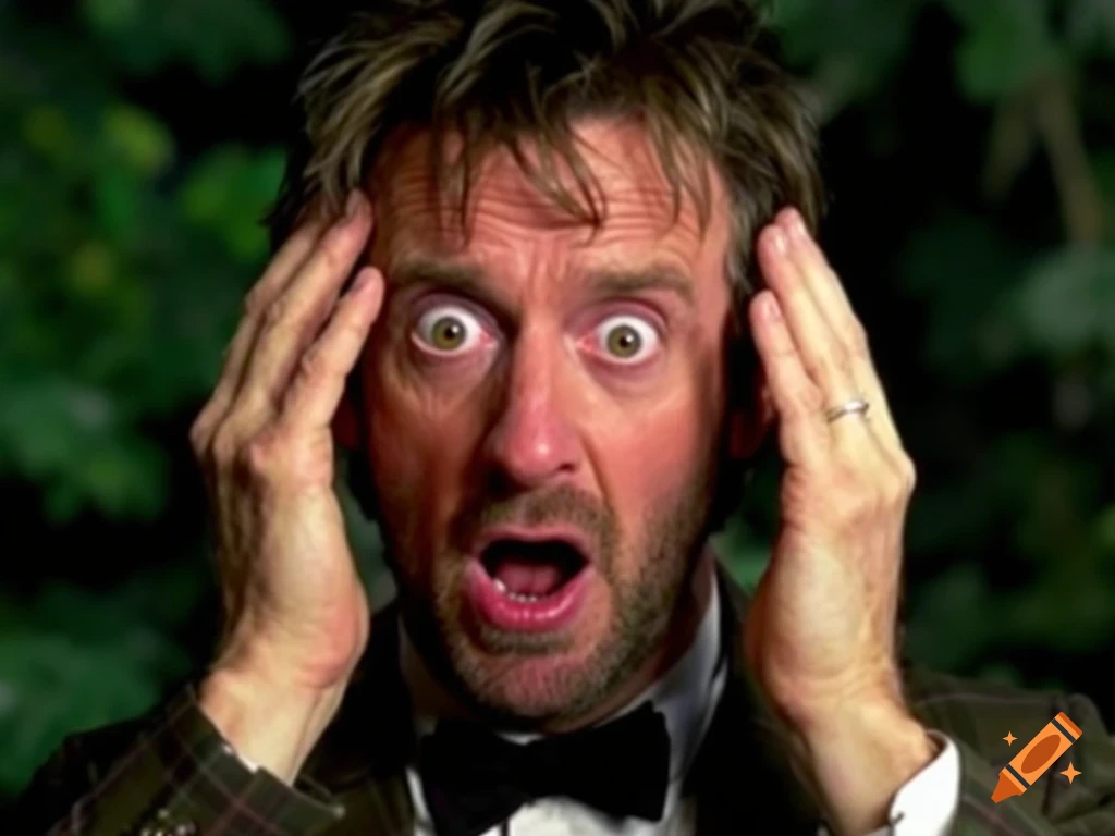 A man with a shocked expression holds his head.