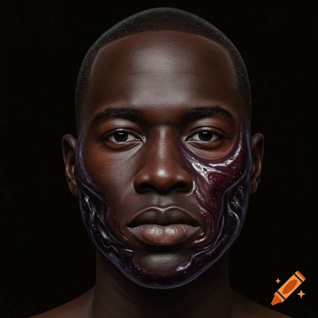 Close-up photorealistic portrait of a man with dark skin and a strange purple substance on one side of his face.