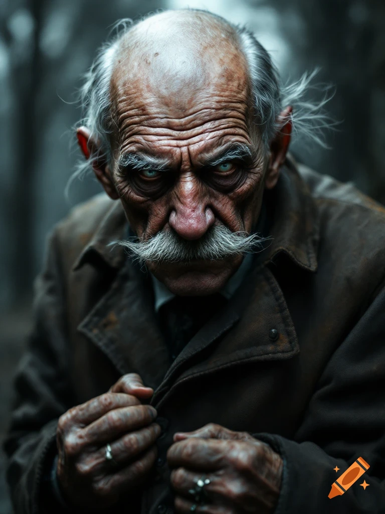 Close-up photorealistic portrait of an old man with a mustache and intense eyes gripping his coat.