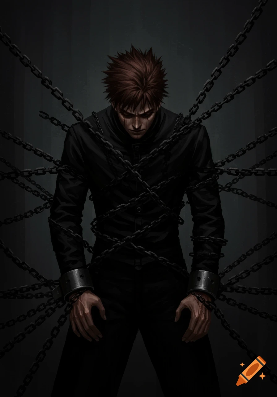 A man with brown hair in black clothes is wrapped in many chains.