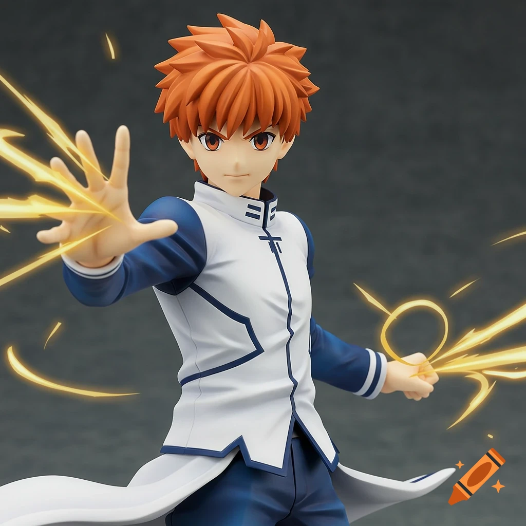 Figurine of anime character with orange hair in white and blue uniform casting a spell with yellow energy.