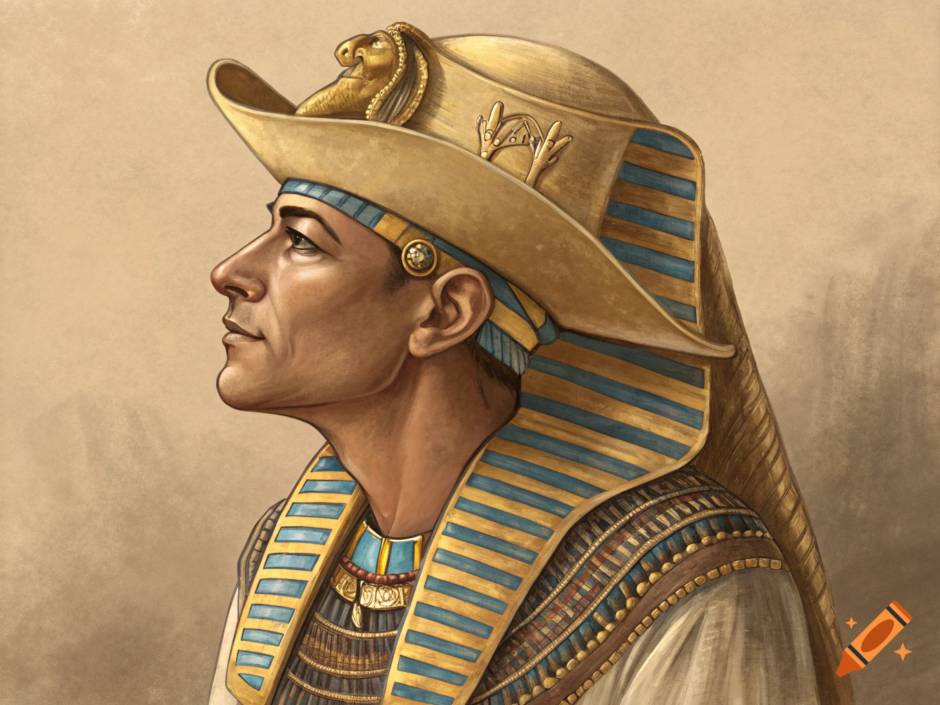 Profile portrait of a person dressed as an Egyptian pharaoh wearing a cowboy hat.