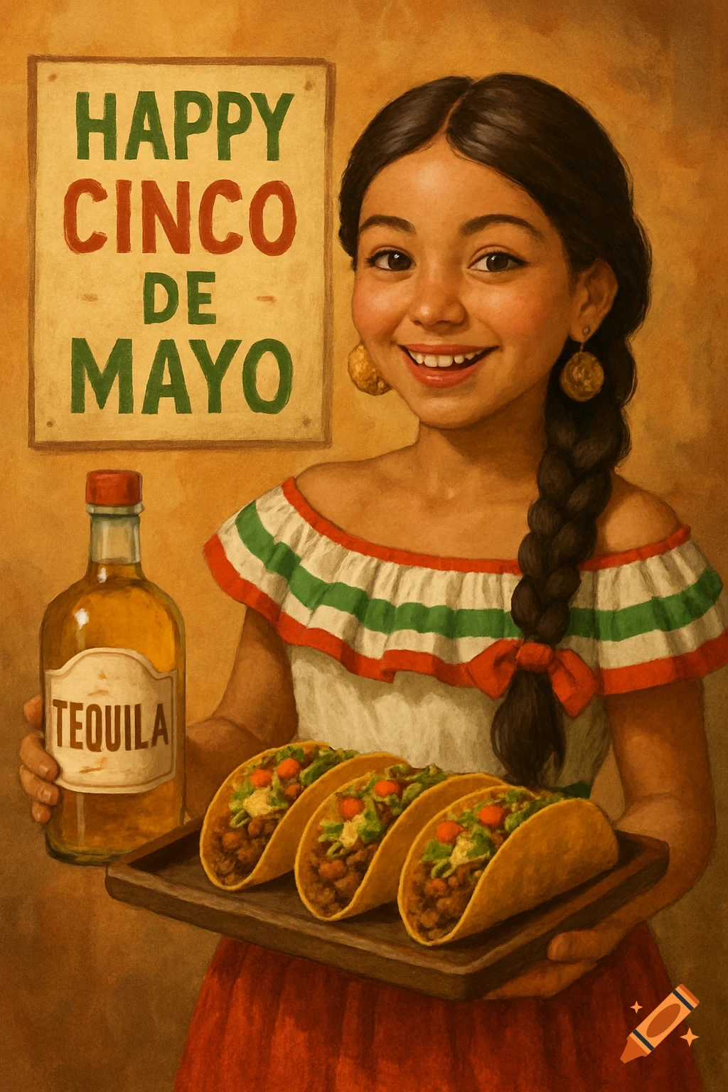 Painting of a woman holding tacos and tequila in front of a 'Happy Cinco de Mayo' sign.