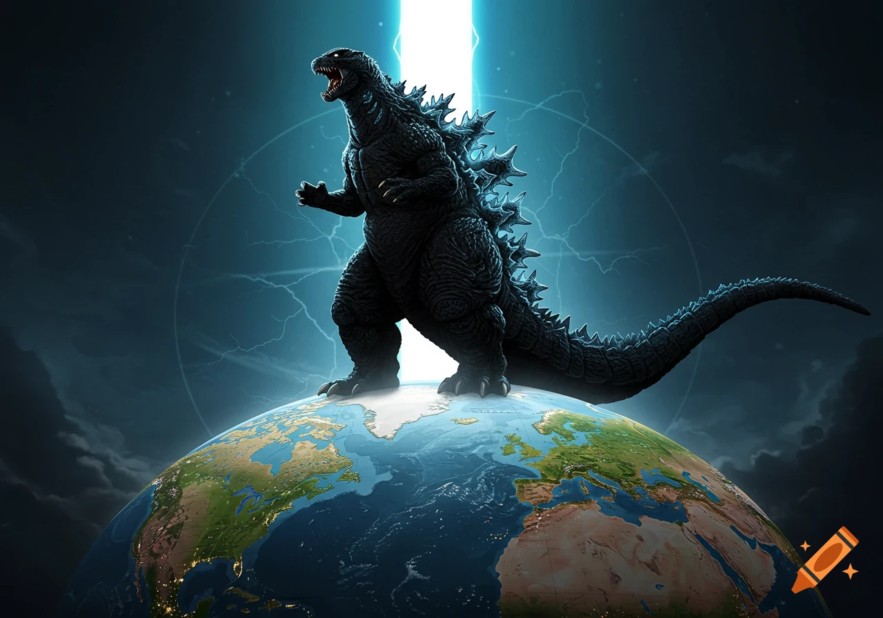 Godzilla roaring while standing on the Earth with lightning behind him