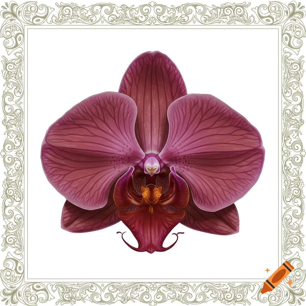 Botanical illustration of a pink orchid flower in a decorative border.