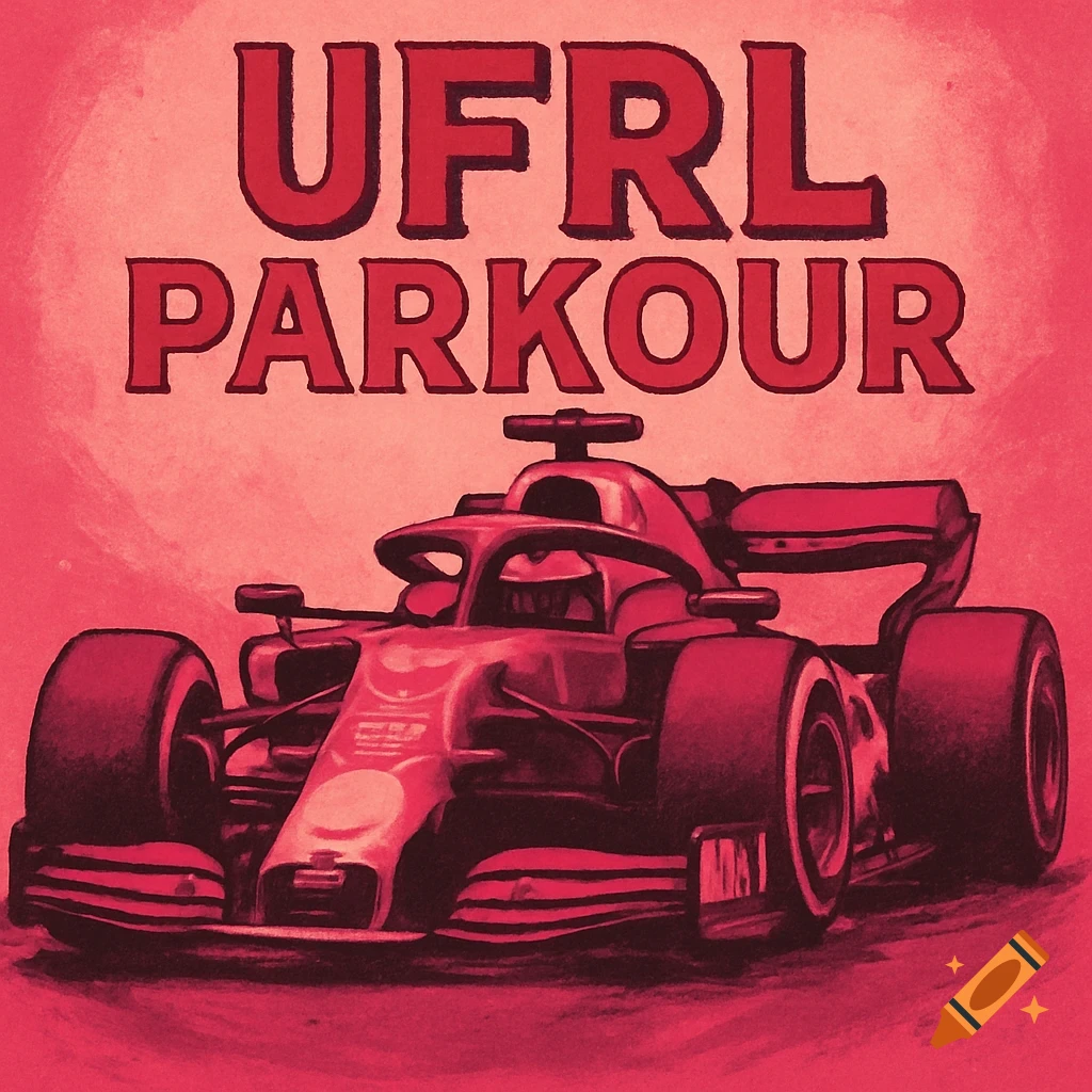 Red illustration of an F1 car with 'UFRL PARKOUR' text above it.