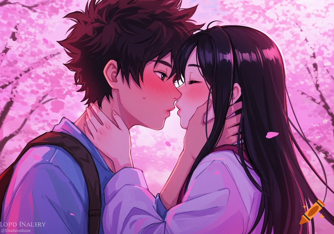 Anime couple kissing under cherry blossoms.