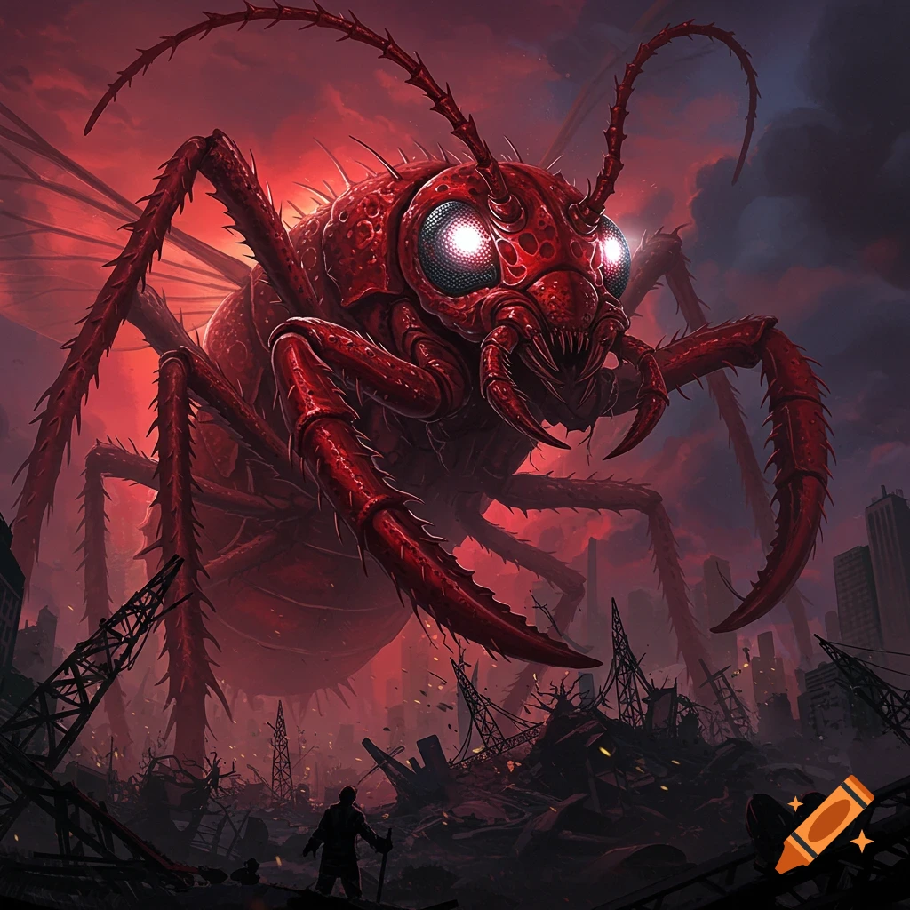 Giant red monster insect attacking a destroyed city, digital painting.