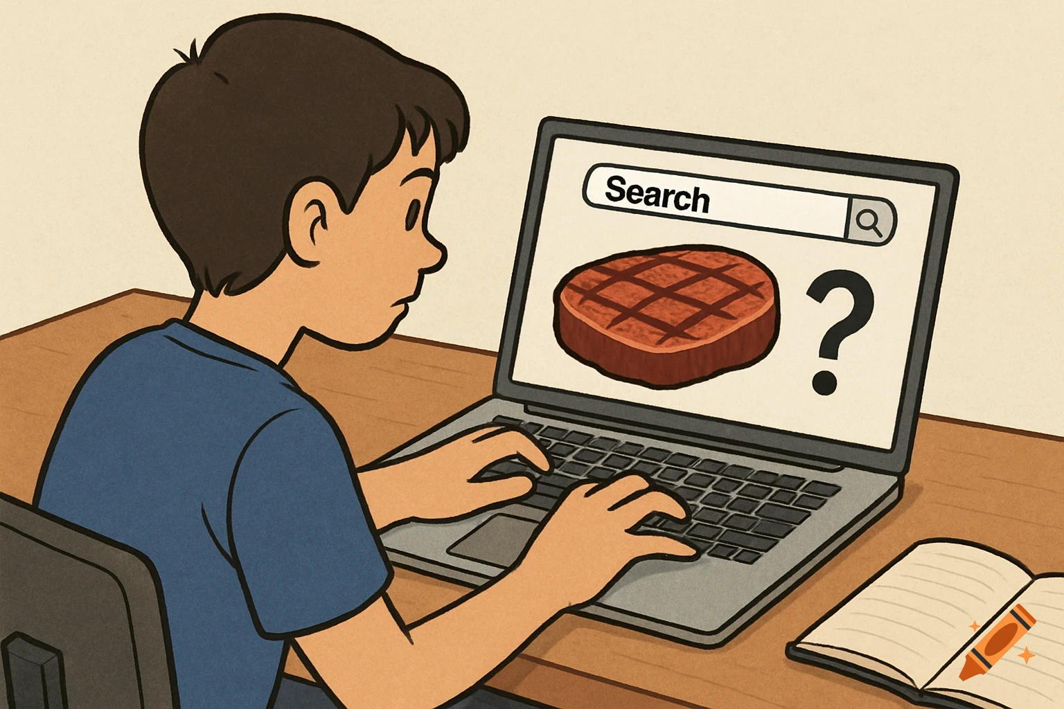 Cartoon of a student searching for a steak image on a laptop.