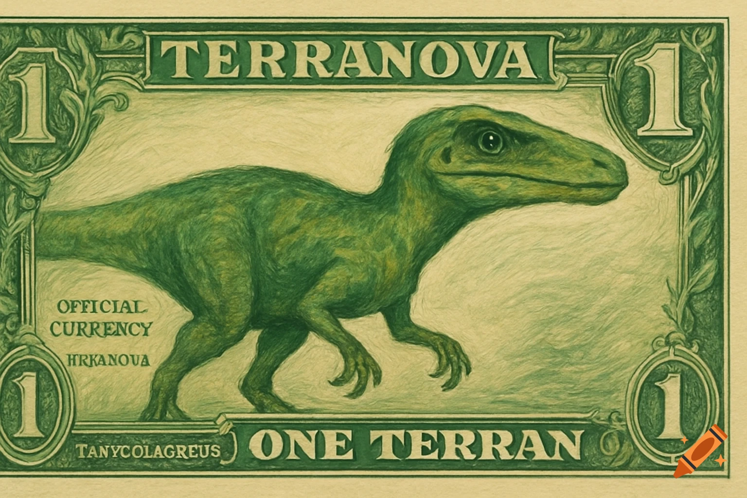 Engraved green dollar bill with a dinosaur illustration on it.