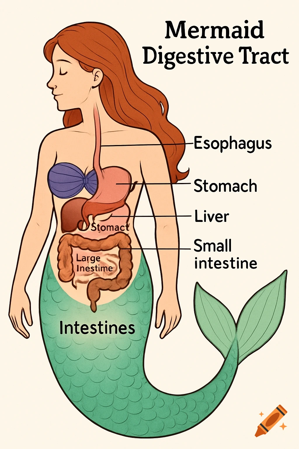 Illustration diagram of a mermaid showing her internal digestive tract and organs with labels.
