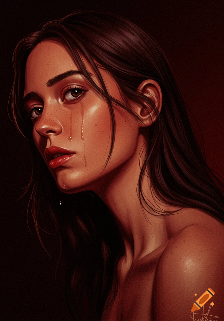 Digital painting of a woman with tears streaming down her face.
