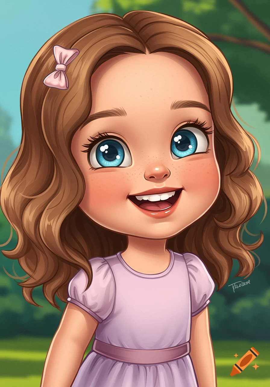 Cartoon illustration of a young girl with brown hair, blue eyes, and dimples smiling in a park.