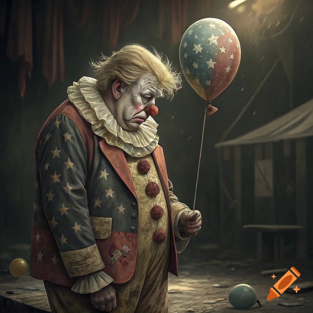 A sad clown in a patterned suit holds a balloon in a circus tent.